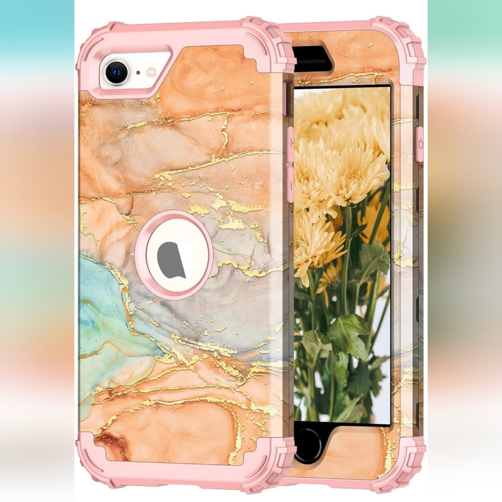 iPhone SE 2022/2020 Case, Heavy Duty Shockproof Protection, Orange Marble